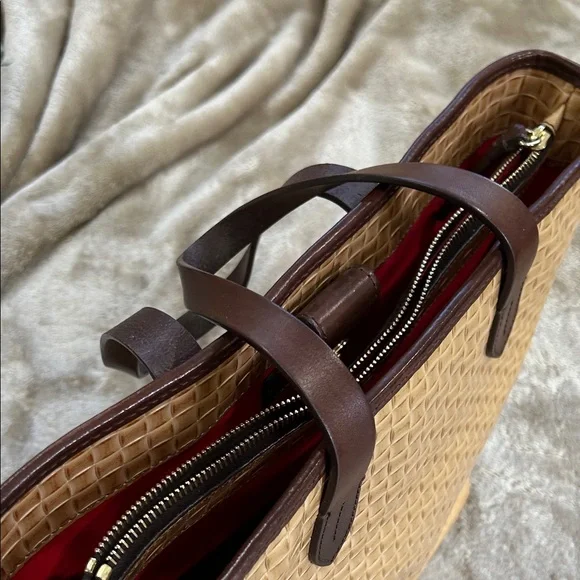 Dooney & Bourke Tan Woven Tote with Dark Brown Trim - Picture 3 of 7